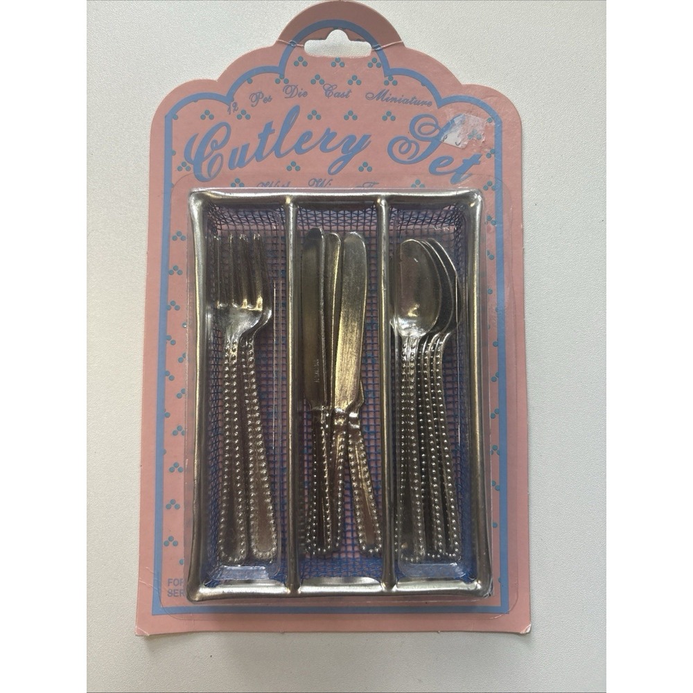 NIP VTG Childs Toy SILVER METAL CUTLERY SET w/ WIRE TRAY Serves Four 3 1/2" Long
